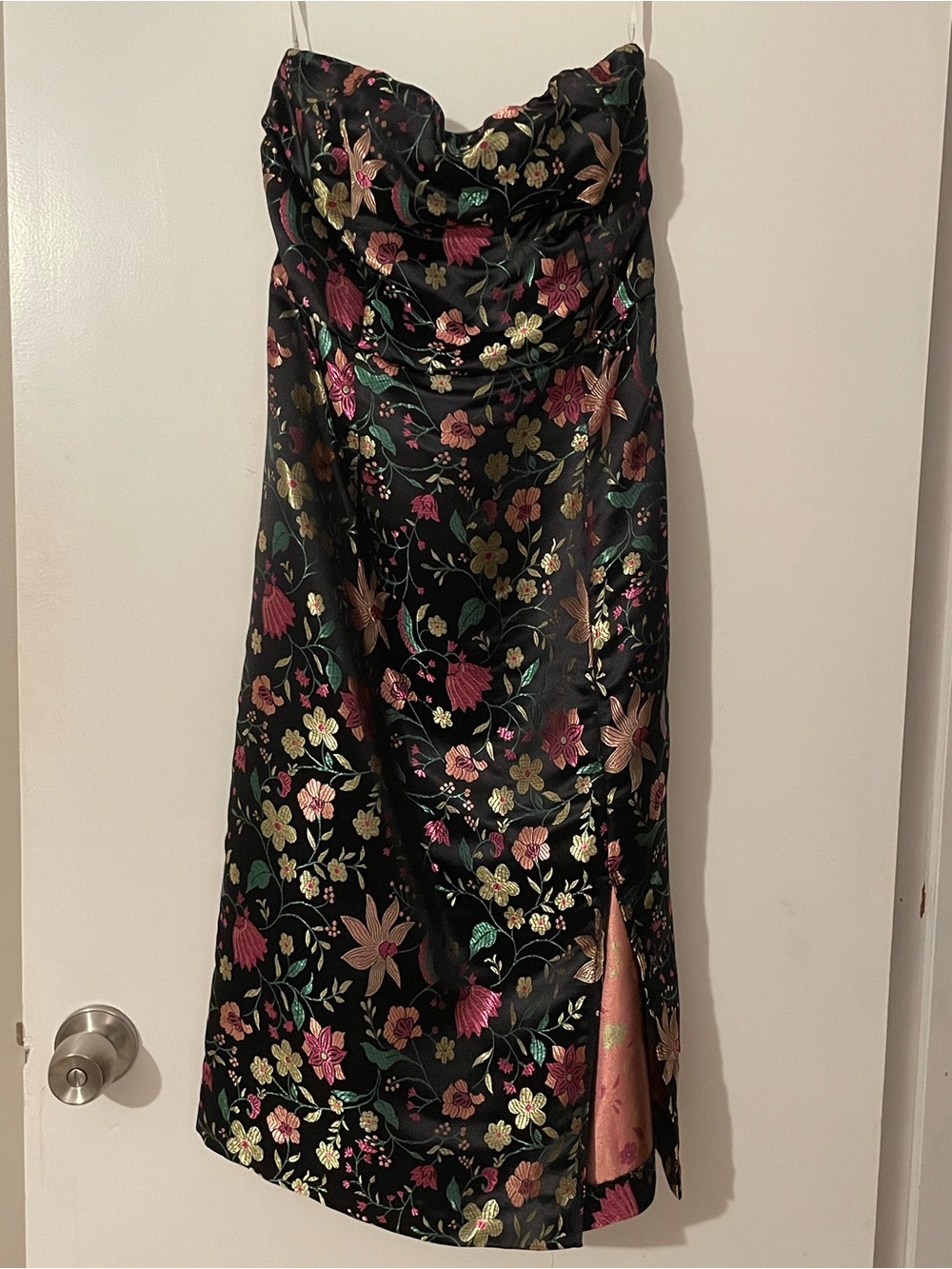 Lulus Black Floral Jacquard Satin Strapless Midi Dress M NWT